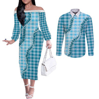 Blue Hawaii Palaka Couples Matching Off The Shoulder Long Sleeve Dress and Long Sleeve Button Shirt Hawaiian Pikake Lei LT05 Blue - Polynesian Pride