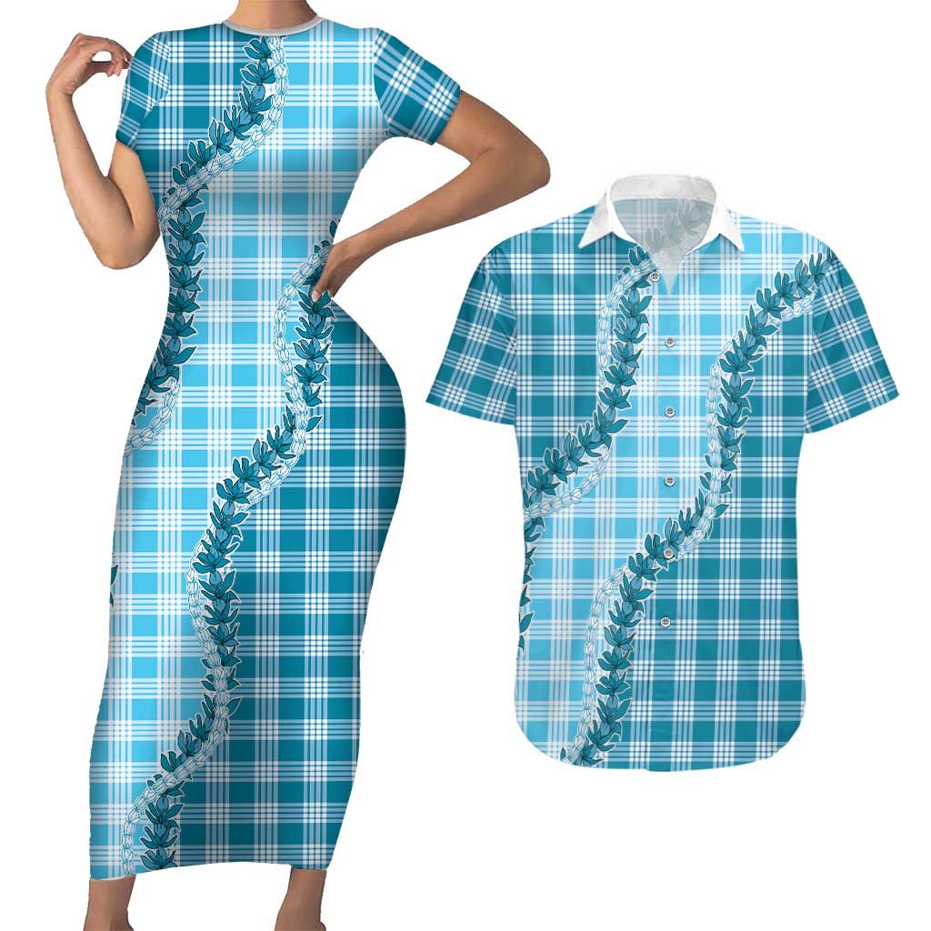 Blue Hawaii Palaka Couples Matching Short Sleeve Bodycon Dress and Hawaiian Shirt Hawaiian Pikake Lei LT05 Blue - Polynesian Pride