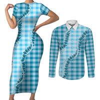 Blue Hawaii Palaka Couples Matching Short Sleeve Bodycon Dress and Long Sleeve Button Shirt Hawaiian Pikake Lei LT05 Blue - Polynesian Pride