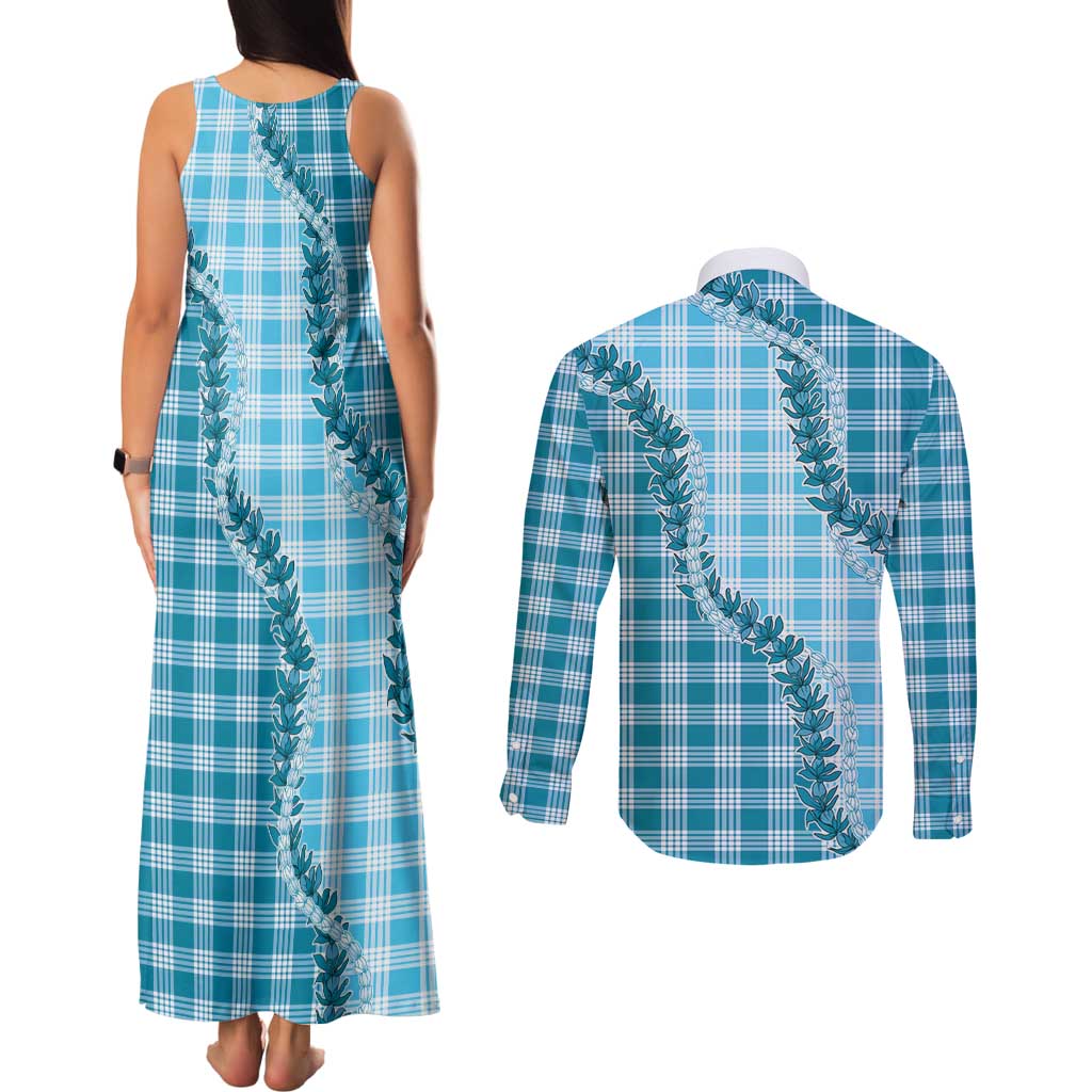 Blue Hawaii Palaka Couples Matching Tank Maxi Dress and Long Sleeve Button Shirt Hawaiian Pikake Lei