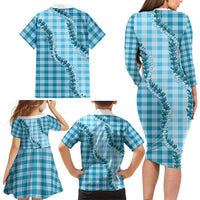Blue Hawaii Palaka Family Matching Long Sleeve Bodycon Dress and Hawaiian Shirt Hawaiian Pikake Lei