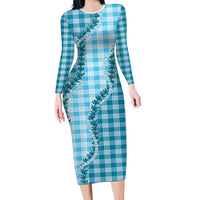Blue Hawaii Palaka Family Matching Long Sleeve Bodycon Dress and Hawaiian Shirt Hawaiian Pikake Lei
