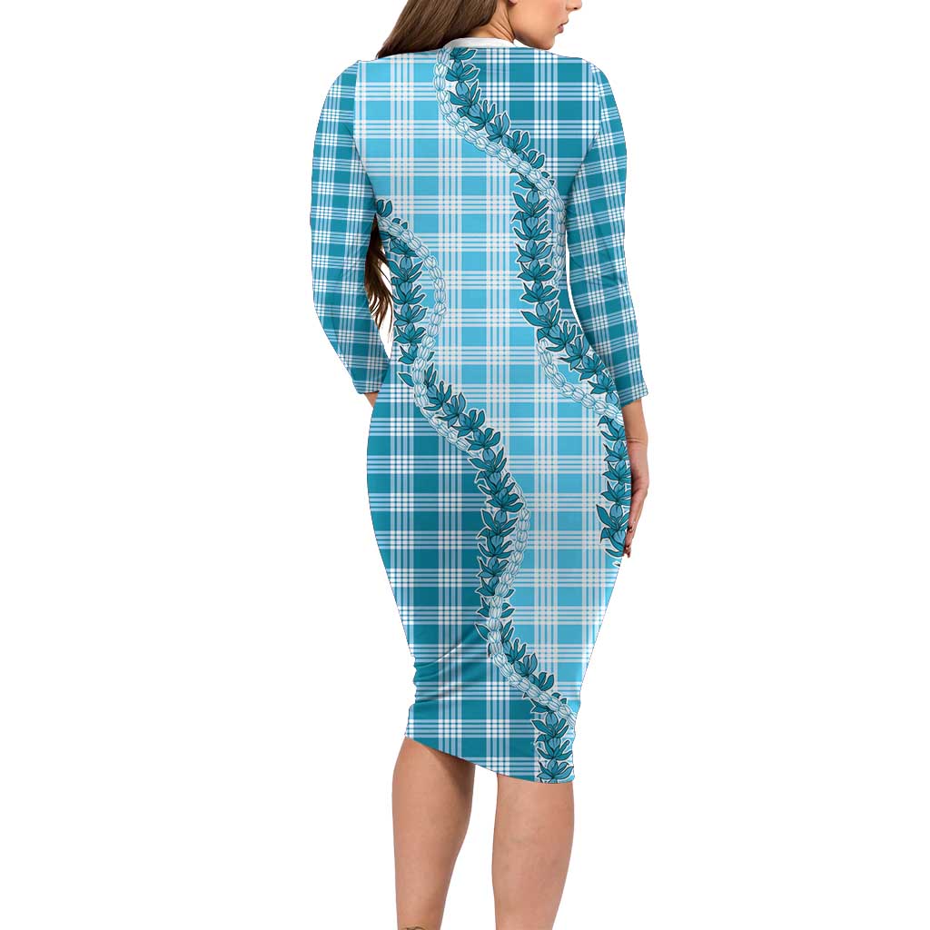 Blue Hawaii Palaka Family Matching Long Sleeve Bodycon Dress and Hawaiian Shirt Hawaiian Pikake Lei