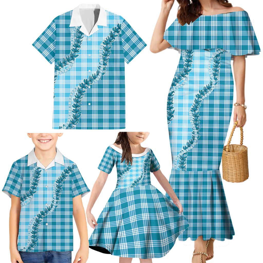 Blue Hawaii Palaka Family Matching Mermaid Dress and Hawaiian Shirt Hawaiian Pikake Lei