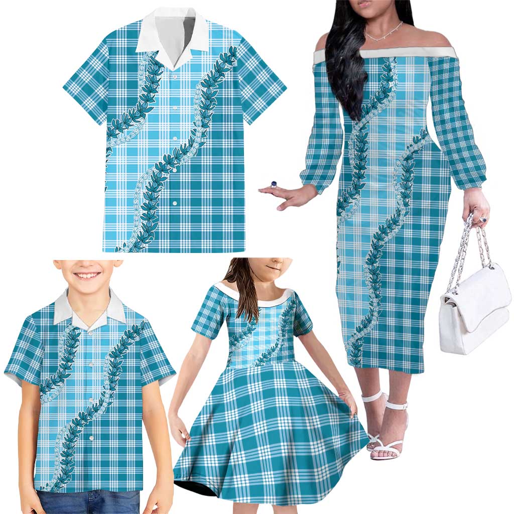 Blue Hawaii Palaka Family Matching Off The Shoulder Long Sleeve Dress and Hawaiian Shirt Hawaiian Pikake Lei
