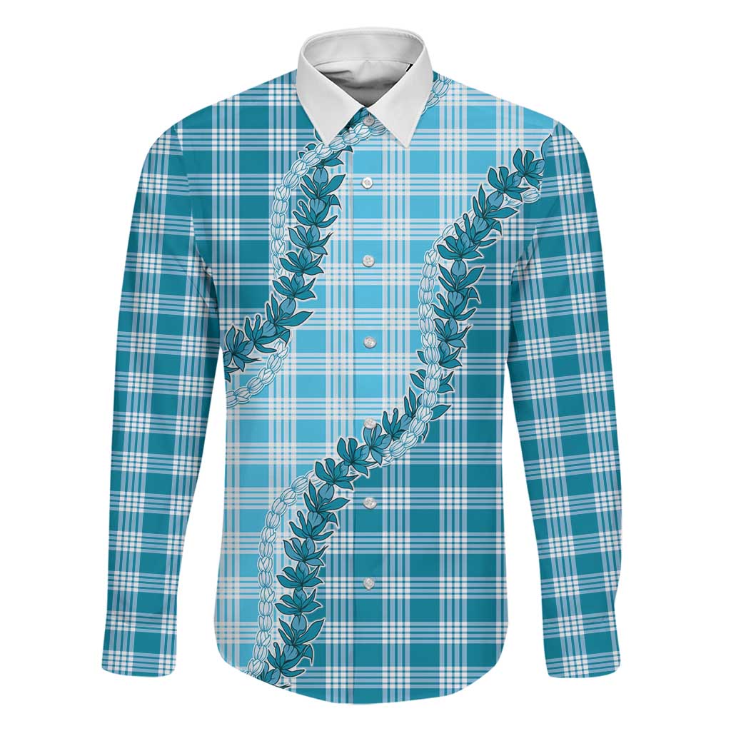 Blue Hawaii Palaka Family Matching Off The Shoulder Long Sleeve Dress and Hawaiian Shirt Hawaiian Pikake Lei