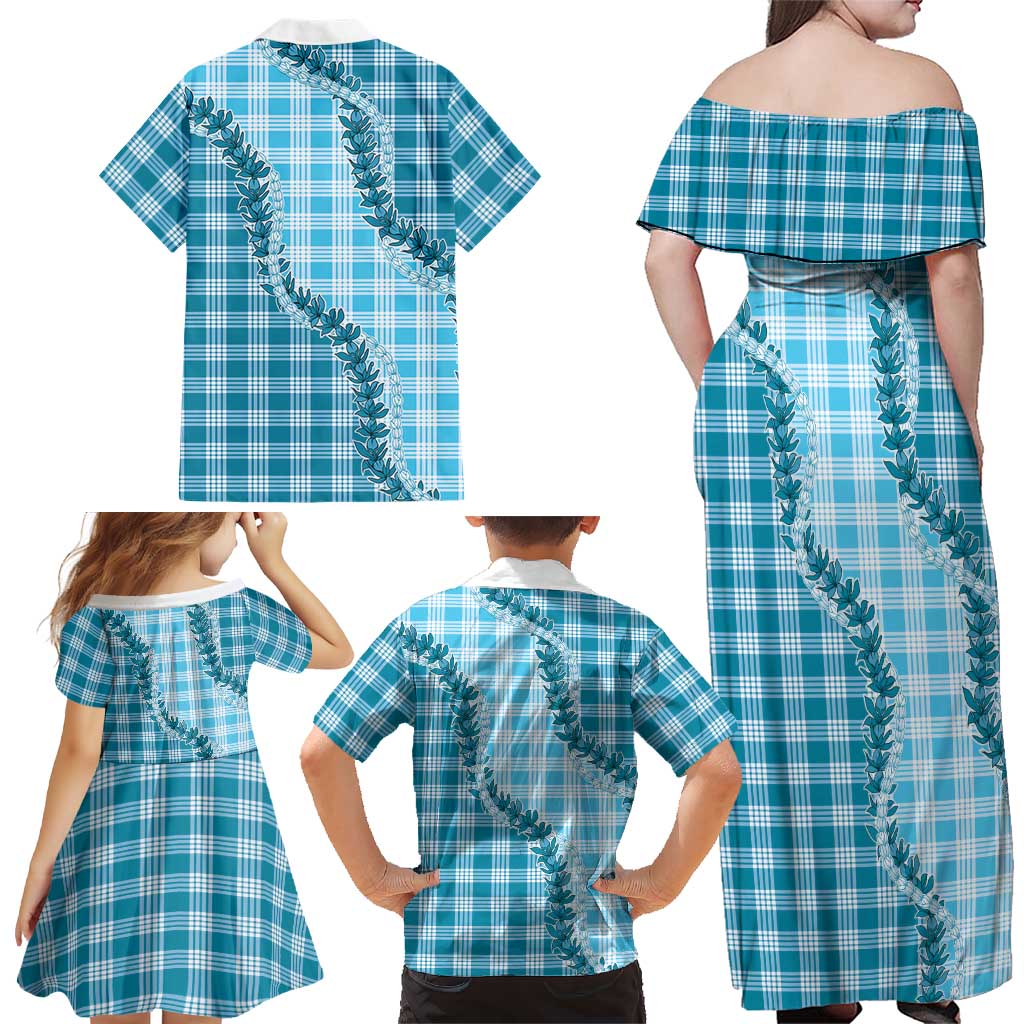 Blue Hawaii Palaka Family Matching Off Shoulder Maxi Dress and Hawaiian Shirt Hawaiian Pikake Lei LT05 - Polynesian Pride