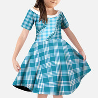 Blue Hawaii Palaka Family Matching Off Shoulder Short Dress and Hawaiian Shirt Hawaiian Pikake Lei
