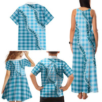 Blue Hawaii Palaka Family Matching Tank Maxi Dress and Hawaiian Shirt Hawaiian Pikake Lei