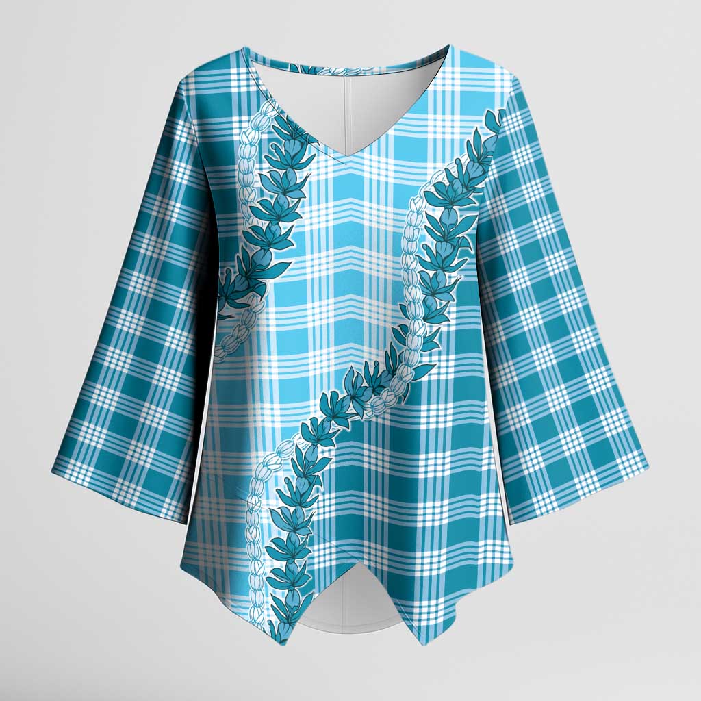 Blue Hawaii Palaka Kimono Sleeve Blouse Hawaiian Pikake Lei LT05 Female Blue - Polynesian Pride