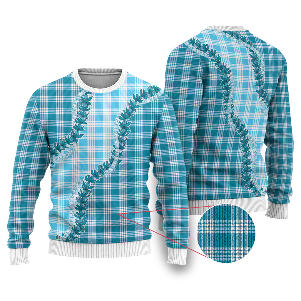 Blue Hawaii Palaka Ugly Christmas Sweater Hawaiian Pikake Lei