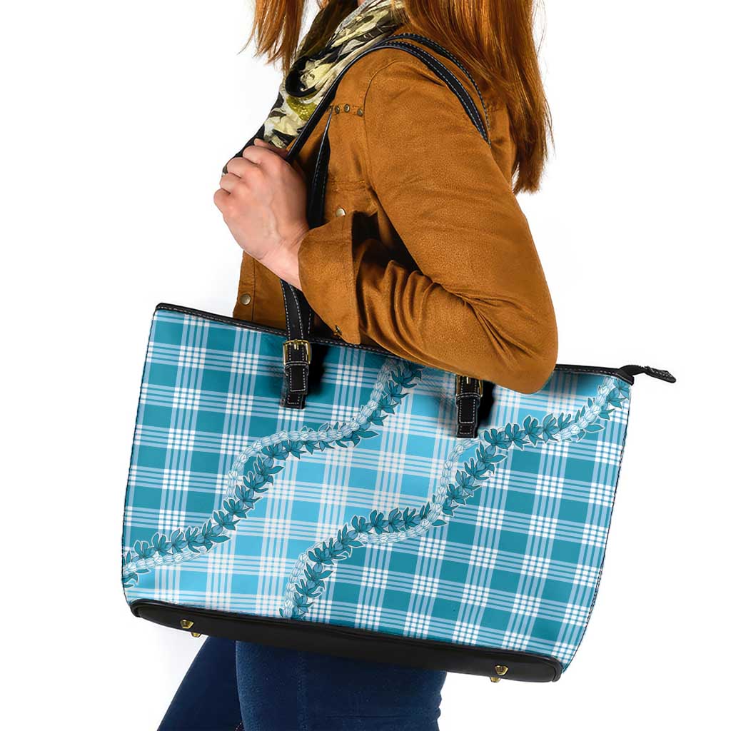 Blue Hawaii Palaka Leather Tote Bag Hawaiian Pikake Lei LT05 Blue - Polynesian Pride