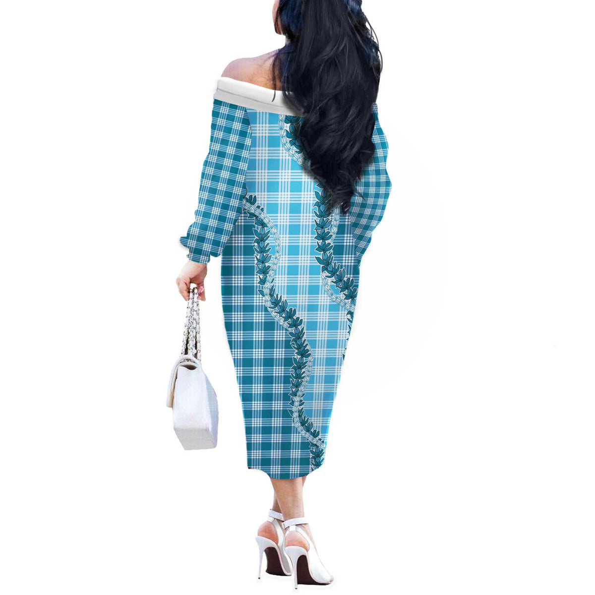 Blue Hawaii Palaka Off The Shoulder Long Sleeve Dress Hawaiian Pikake Lei LT05 - Polynesian Pride