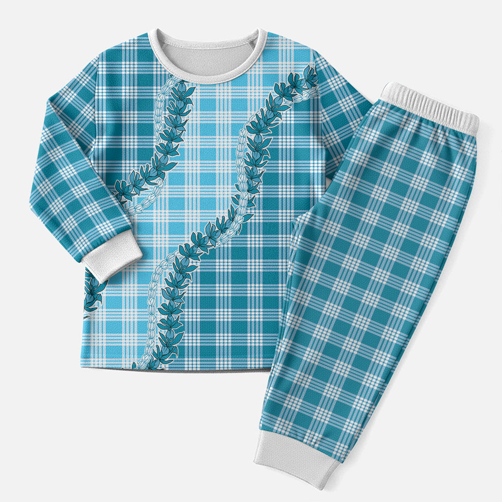 Blue Hawaii Palaka Christmas Pajama Set Hawaiian Pikake Lei