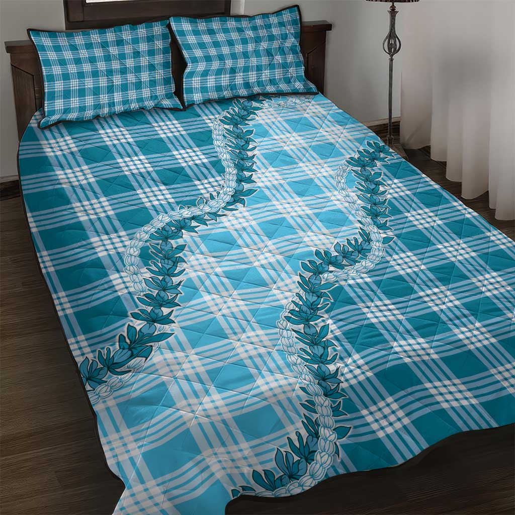 Blue Hawaii Palaka Quilt Bed Set Hawaiian Pikake Lei