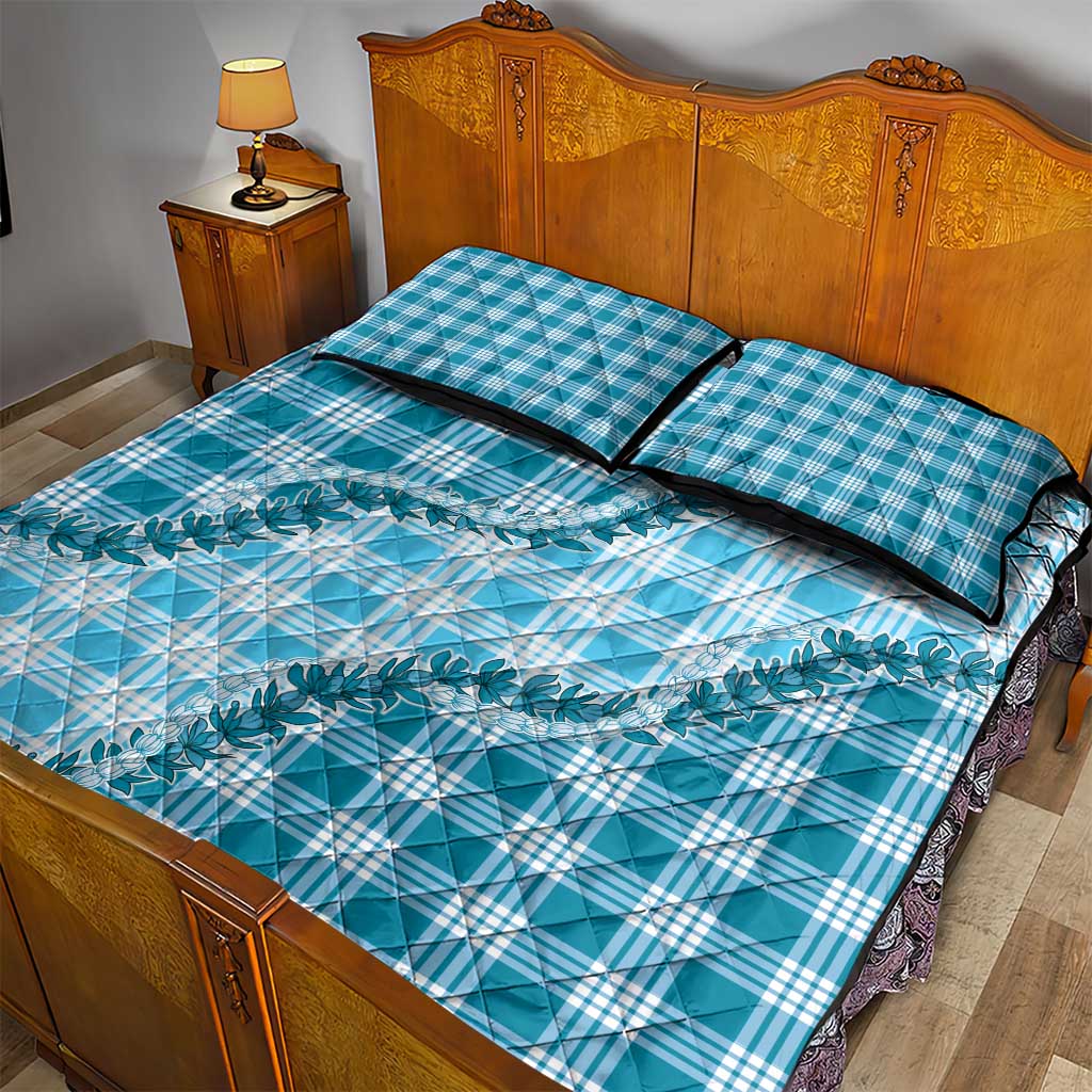 Blue Hawaii Palaka Quilt Bed Set Hawaiian Pikake Lei