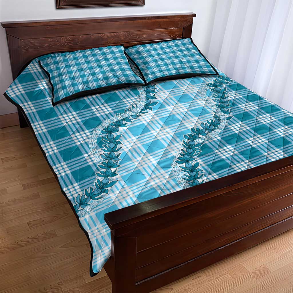 Blue Hawaii Palaka Quilt Bed Set Hawaiian Pikake Lei