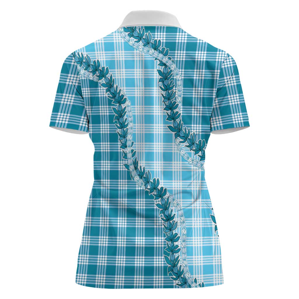 Blue Hawaii Palaka Women Polo Shirt Hawaiian Pikake Lei