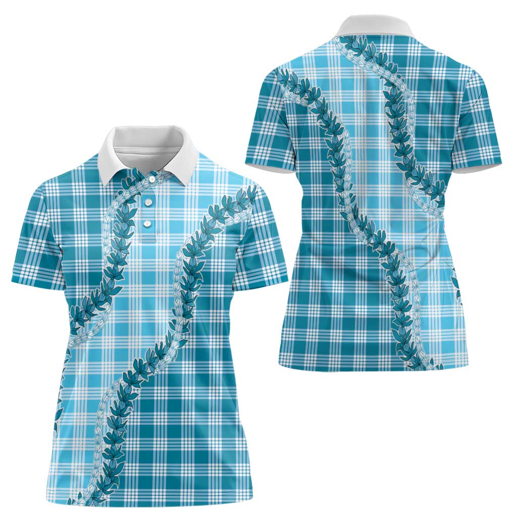 Blue Hawaii Palaka Women Polo Shirt Hawaiian Pikake Lei