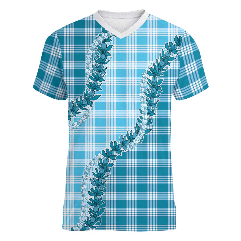 Blue Hawaii Palaka Women V-Neck T-Shirt Hawaiian Pikake Lei LT05 Female Blue - Polynesian Pride