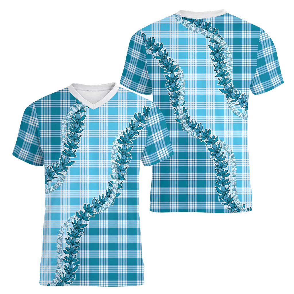 Blue Hawaii Palaka Women V-Neck T-Shirt Hawaiian Pikake Lei