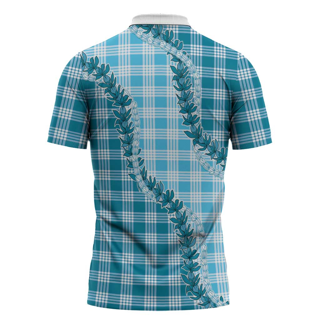 Blue Hawaii Palaka Zipper Polo Shirt Hawaiian Pikake Lei LT05 - Polynesian Pride