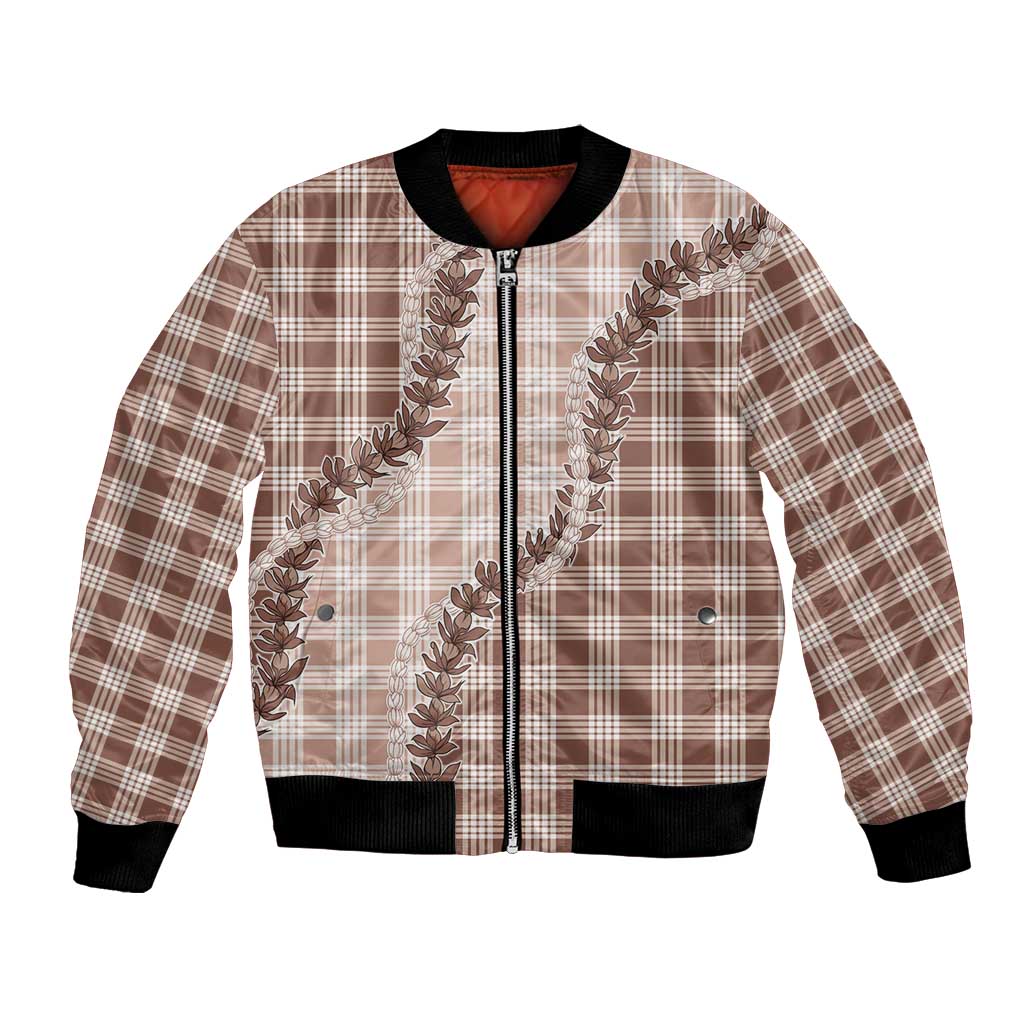 Beige Hawaii Palaka Bomber Jacket Hawaiian Pikake Lei