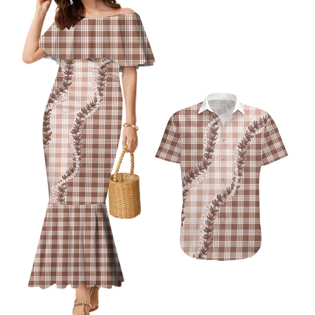 Beige Hawaii Palaka Couples Matching Mermaid Dress and Hawaiian Shirt Hawaiian Pikake Lei LT05 Beige - Polynesian Pride