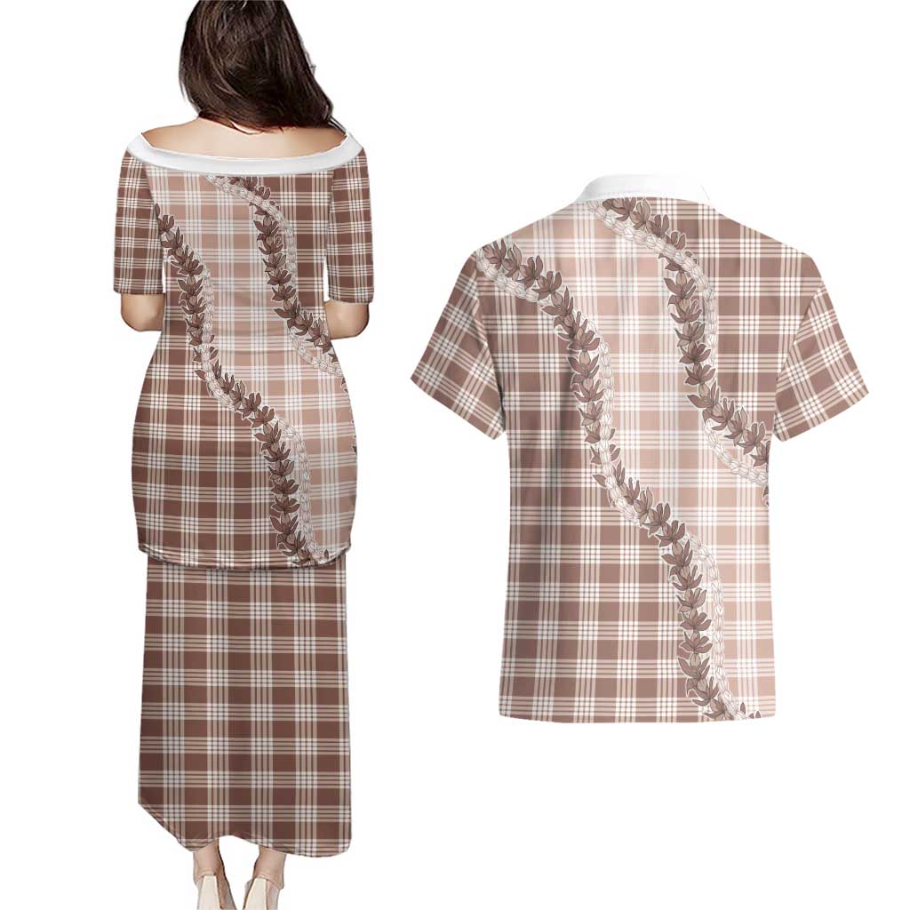 Beige Hawaii Palaka Couples Matching Puletasi and Hawaiian Shirt Hawaiian Pikake Lei LT05 - Polynesian Pride