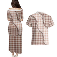 Beige Hawaii Palaka Couples Matching Puletasi and Hawaiian Shirt Hawaiian Pikake Lei LT05 - Polynesian Pride