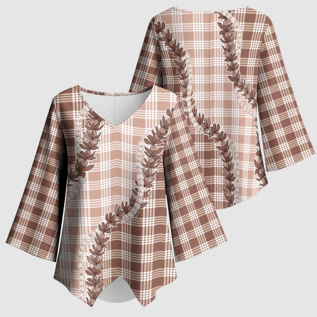 Beige Hawaii Palaka Kimono Sleeve Blouse Hawaiian Pikake Lei LT05 - Polynesian Pride