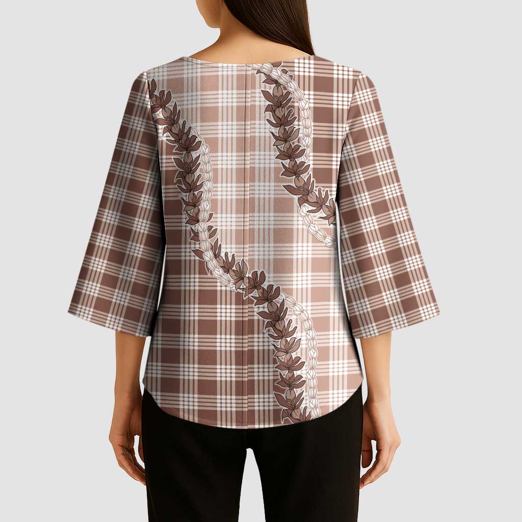 Beige Hawaii Palaka Kimono Sleeve Blouse Hawaiian Pikake Lei LT05 - Polynesian Pride