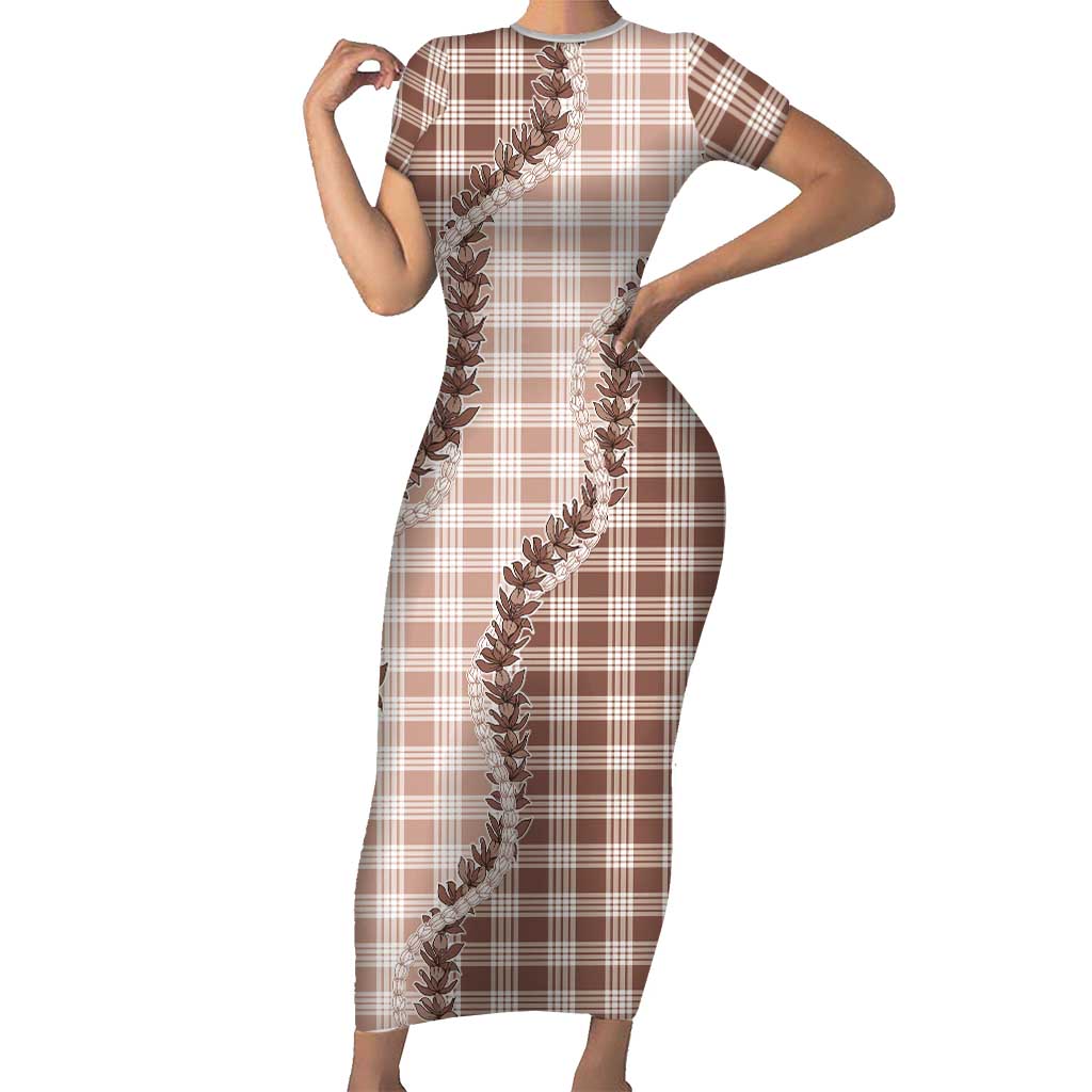 Beige Hawaii Palaka Short Sleeve Bodycon Dress Hawaiian Pikake Lei LT05 Long Dress Beige - Polynesian Pride