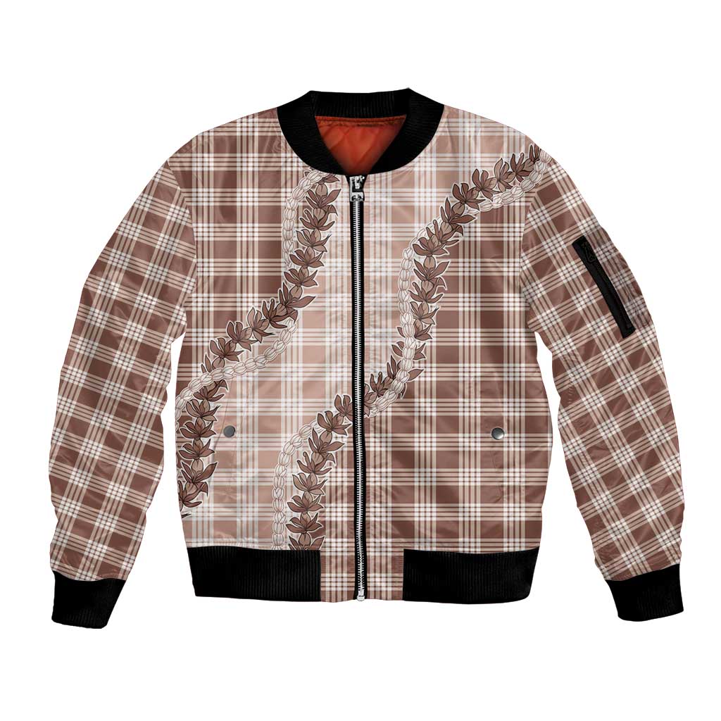 Beige Hawaii Palaka Sleeve Zip Bomber Jacket Hawaiian Pikake Lei LT05 Unisex Beige - Polynesian Pride