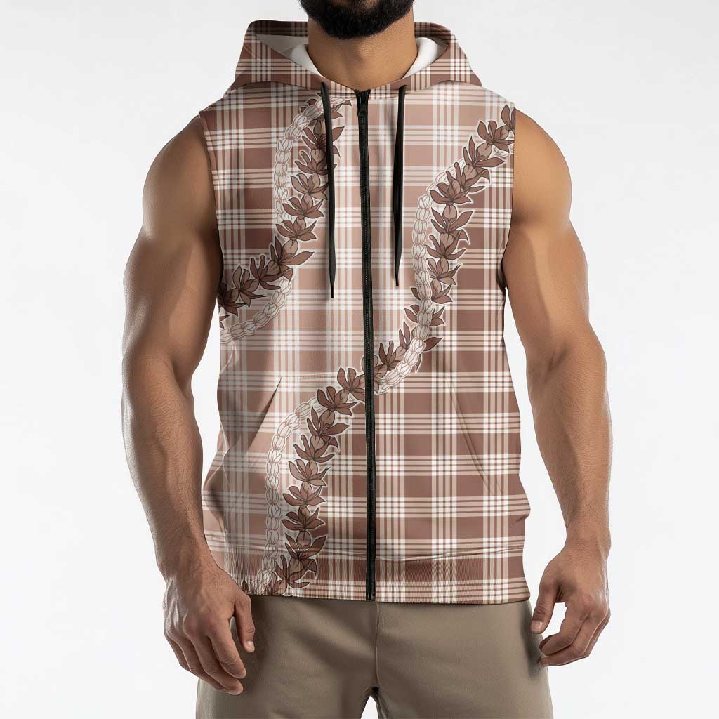 Beige Hawaii Palaka Sleeveless Zip Hoodie Hawaiian Pikake Lei LT05 - Polynesian Pride