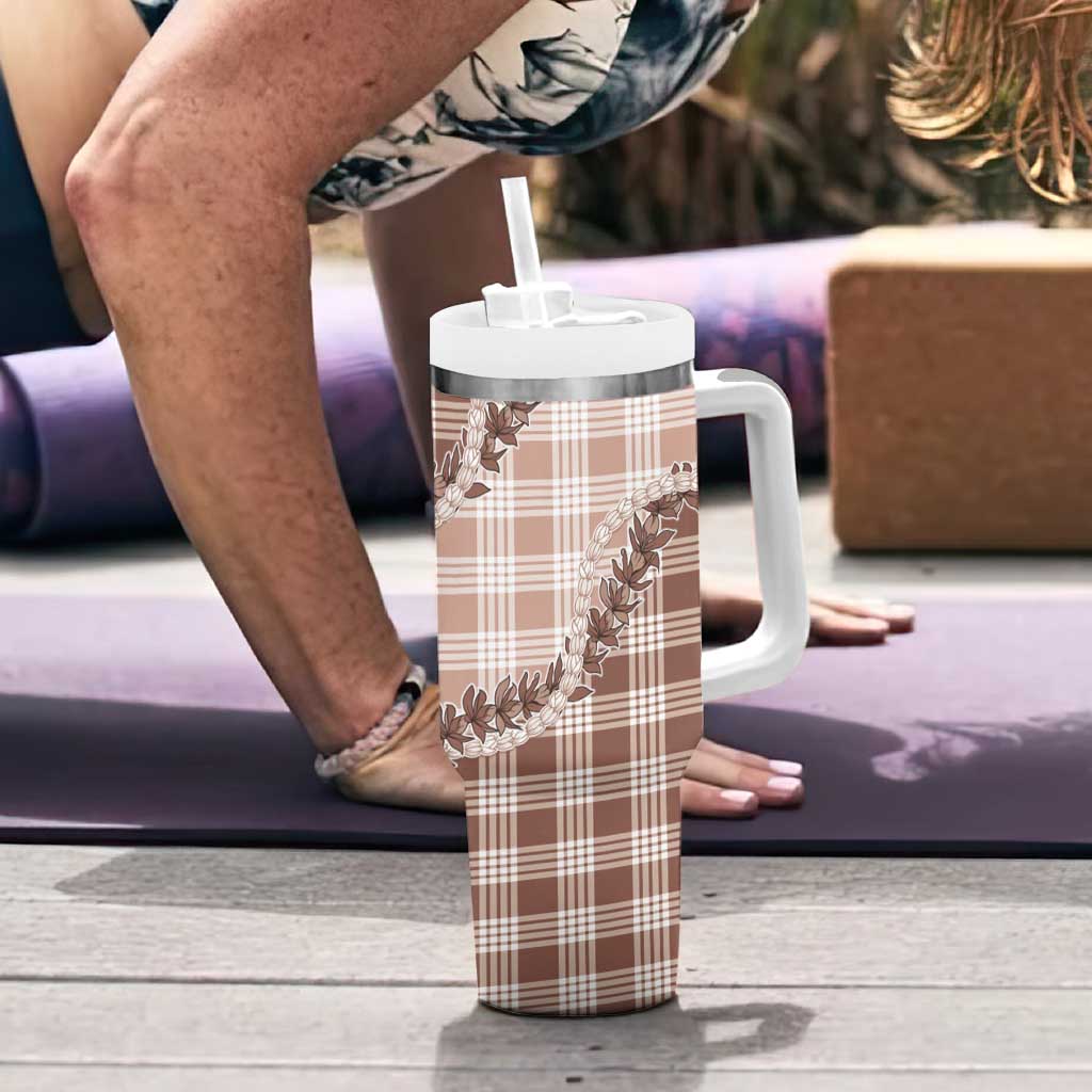 Beige Hawaii Palaka Tumbler With Handle Hawaiian Pikake Lei LT05 - Polynesian Pride
