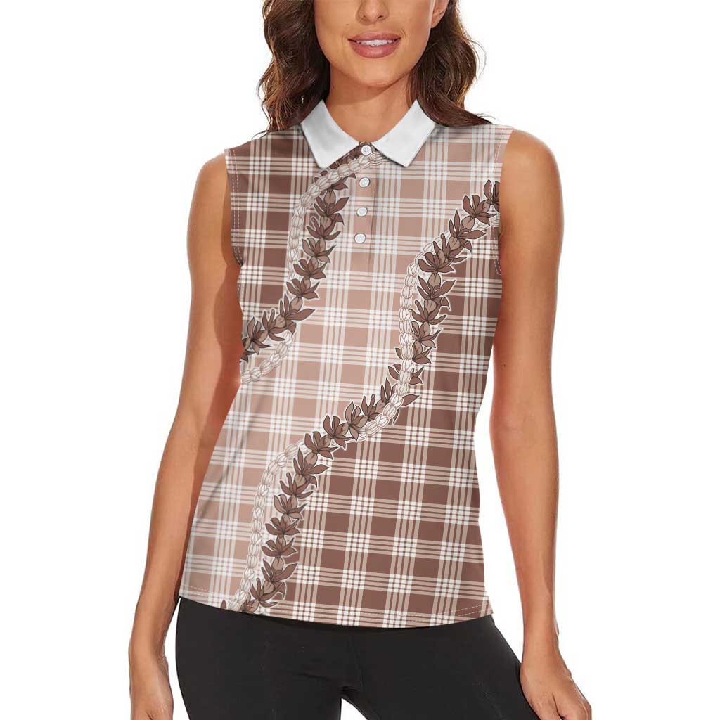 Beige Hawaii Palaka Women Sleeveless Polo Shirt Hawaiian Pikake Lei LT05 - Polynesian Pride