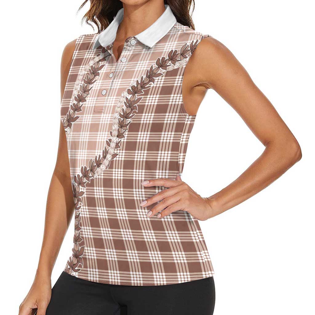 Beige Hawaii Palaka Women Sleeveless Polo Shirt Hawaiian Pikake Lei LT05 - Polynesian Pride