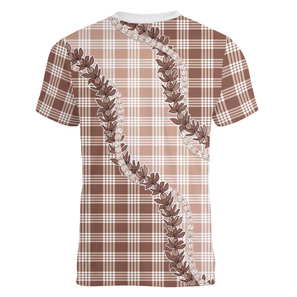 Beige Hawaii Palaka Women V-Neck T-Shirt Hawaiian Pikake Lei LT05 - Polynesian Pride