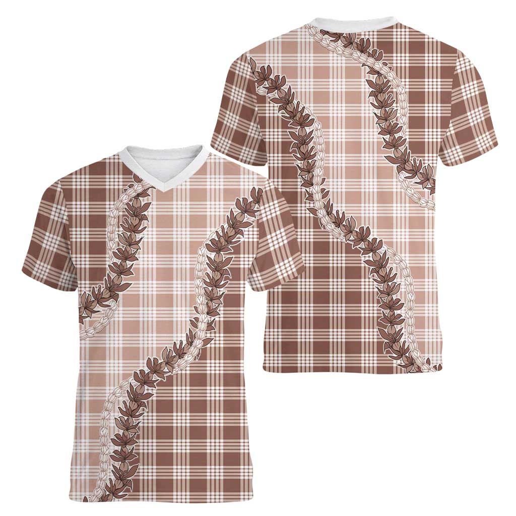 Beige Hawaii Palaka Women V-Neck T-Shirt Hawaiian Pikake Lei LT05 - Polynesian Pride