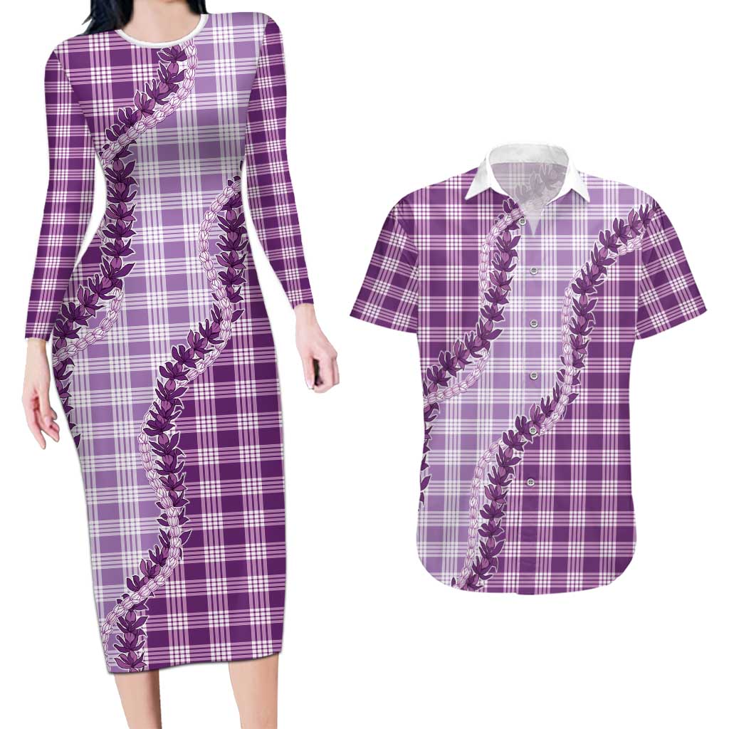 Violet Hawaii Palaka Couples Matching Long Sleeve Bodycon Dress and Hawaiian Shirt Hawaiian Pikake Lei LT05 Violet - Polynesian Pride