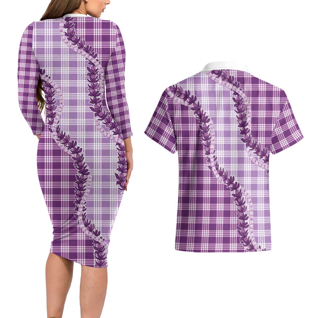 Violet Hawaii Palaka Couples Matching Long Sleeve Bodycon Dress and Hawaiian Shirt Hawaiian Pikake Lei LT05 - Polynesian Pride