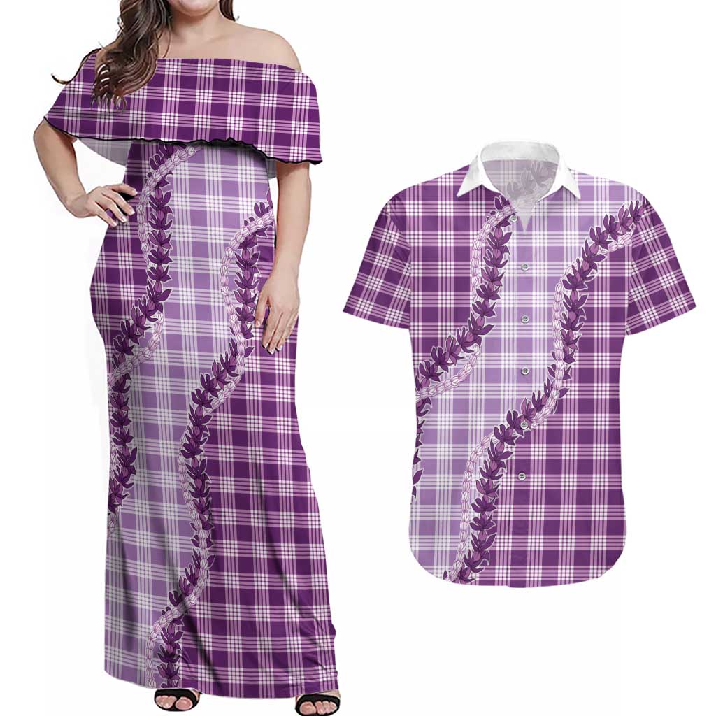 Violet Hawaii Palaka Couples Matching Off Shoulder Maxi Dress and Hawaiian Shirt Hawaiian Pikake Lei LT05 Violet - Polynesian Pride