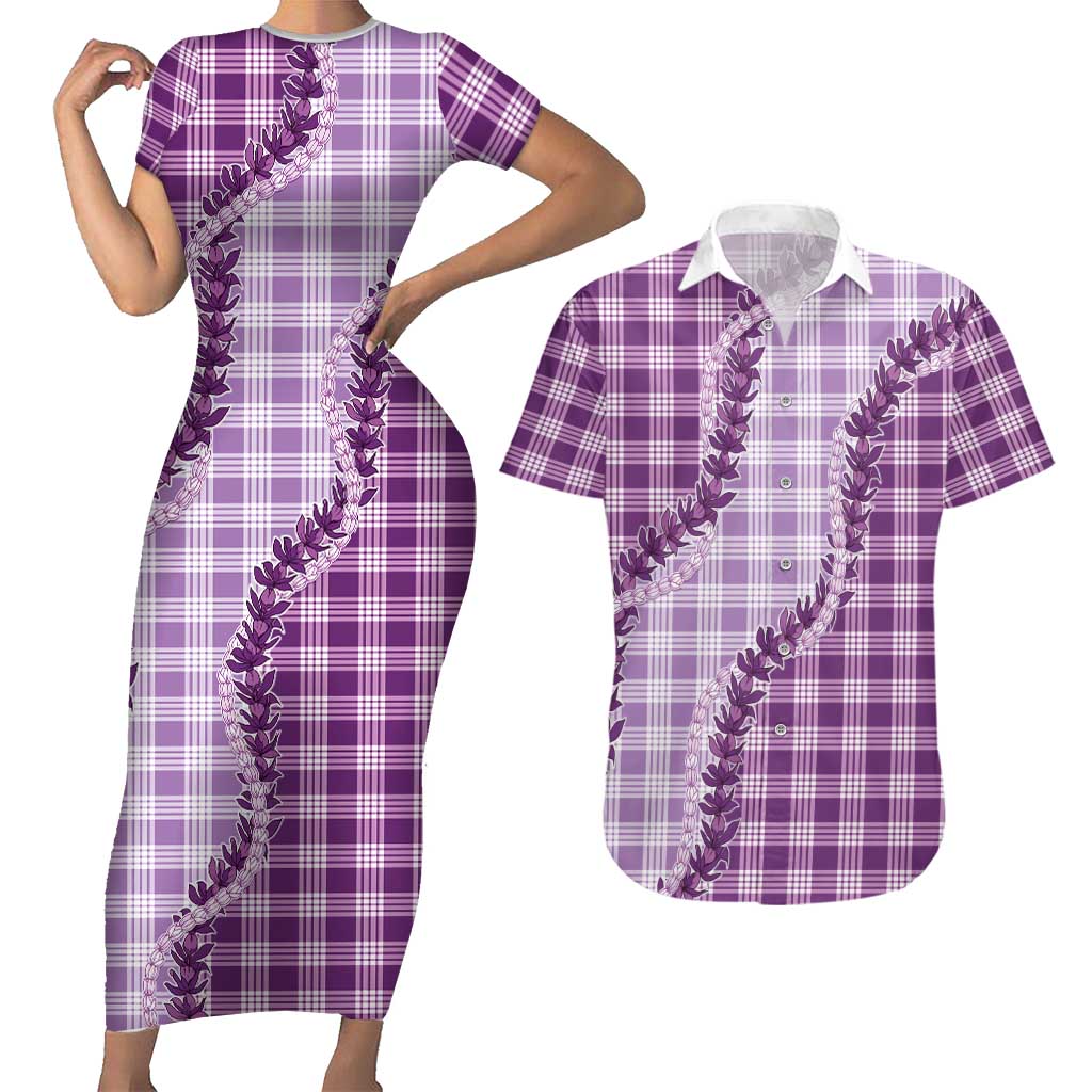 Violet Hawaii Palaka Couples Matching Short Sleeve Bodycon Dress and Hawaiian Shirt Hawaiian Pikake Lei LT05 Violet - Polynesian Pride