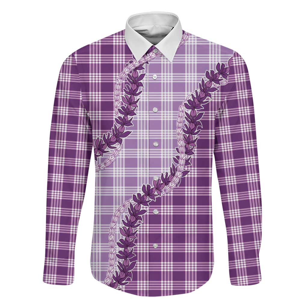 Violet Hawaii Palaka Family Matching Off Shoulder Short Dress and Hawaiian Shirt Hawaiian Pikake Lei LT05 Dad's Shirt - Long Sleeve Violet - Polynesian Pride
