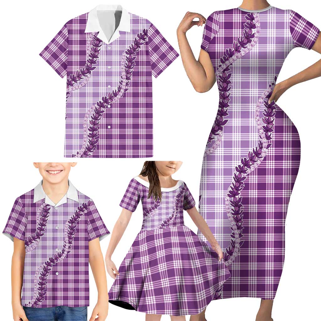 Violet Hawaii Palaka Family Matching Short Sleeve Bodycon Dress and Hawaiian Shirt Hawaiian Pikake Lei