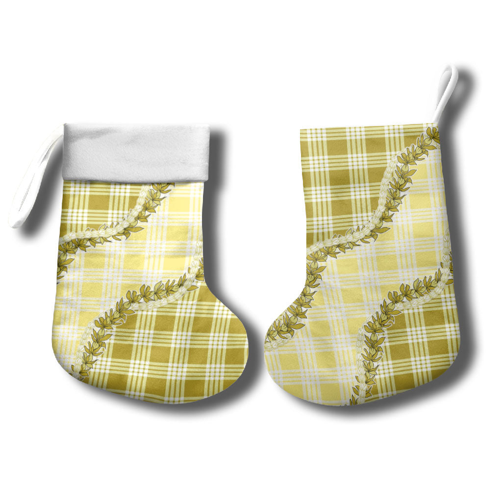 Yellow Hawaii Palaka Christmas Stocking Hawaiian Pikake Lei