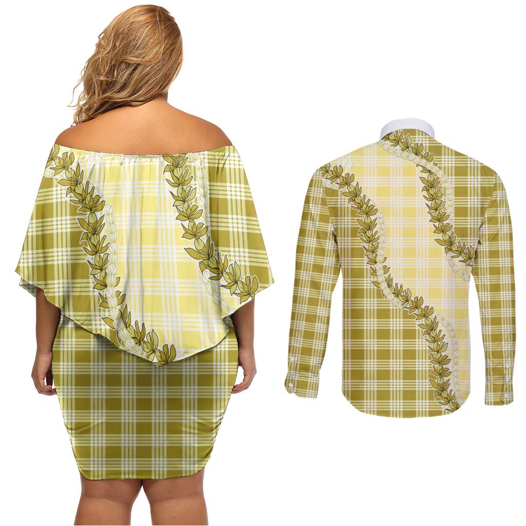 Yellow Hawaii Palaka Couples Matching Off Shoulder Short Dress and Long Sleeve Button Shirt Hawaiian Pikake Lei LT05 - Polynesian Pride