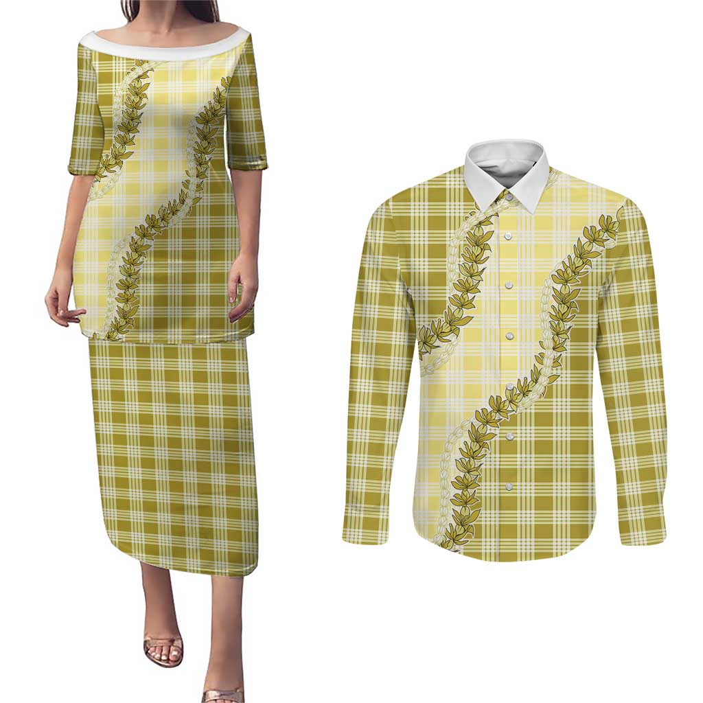Yellow Hawaii Palaka Couples Matching Puletasi and Long Sleeve Button Shirt Hawaiian Pikake Lei LT05 Yellow - Polynesian Pride