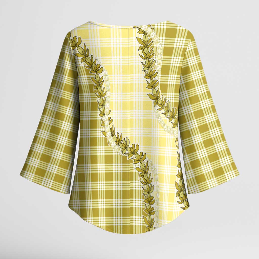 Yellow Hawaii Palaka Kimono Sleeve Blouse Hawaiian Pikake Lei LT05 - Polynesian Pride